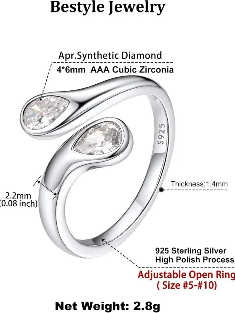 Dainty Silver Birthstone Ring for Women | Adjustable Teardrop Open Band Promise